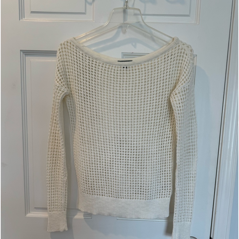 JAMES PERSE IVORY LONG SLEEVE OPEN WEAVE CROCHET STYLE CREWNECK SWEATER